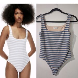 Aritzia Babaton | Contour Square-Neck Bodysuit In Blue/Beige